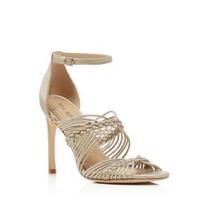VIA SPIGA Womens Gold Braided Dorian Round Toe Stiletto Leather Sandals 7.5 M